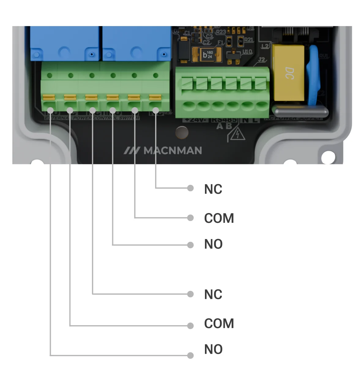 MacSet LoRaWAN Controller terminal connection diagram showing power supply and IO wiring
